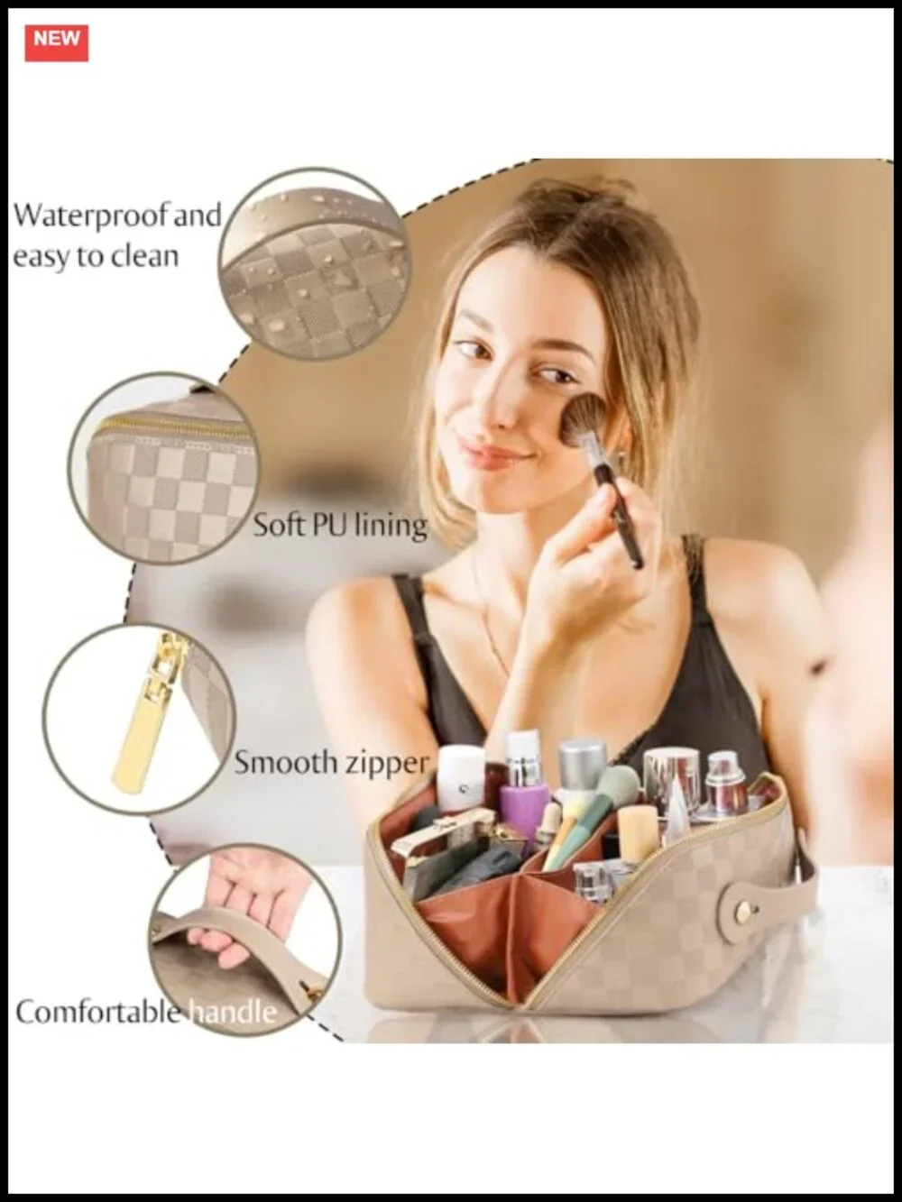Large Capacity Travel Makeup Bag Waterproof PU Leather Checkered Toiletry